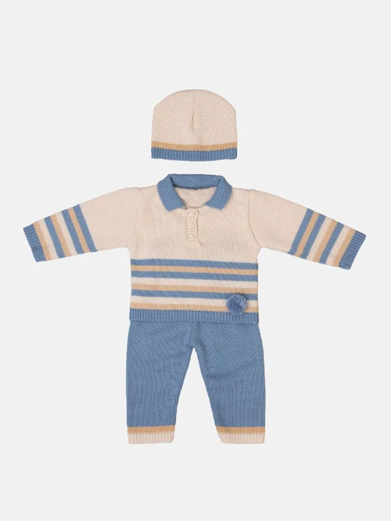 Baby Unisex 3-piece Striped Knitted Gift Box Set - Beige & Blue