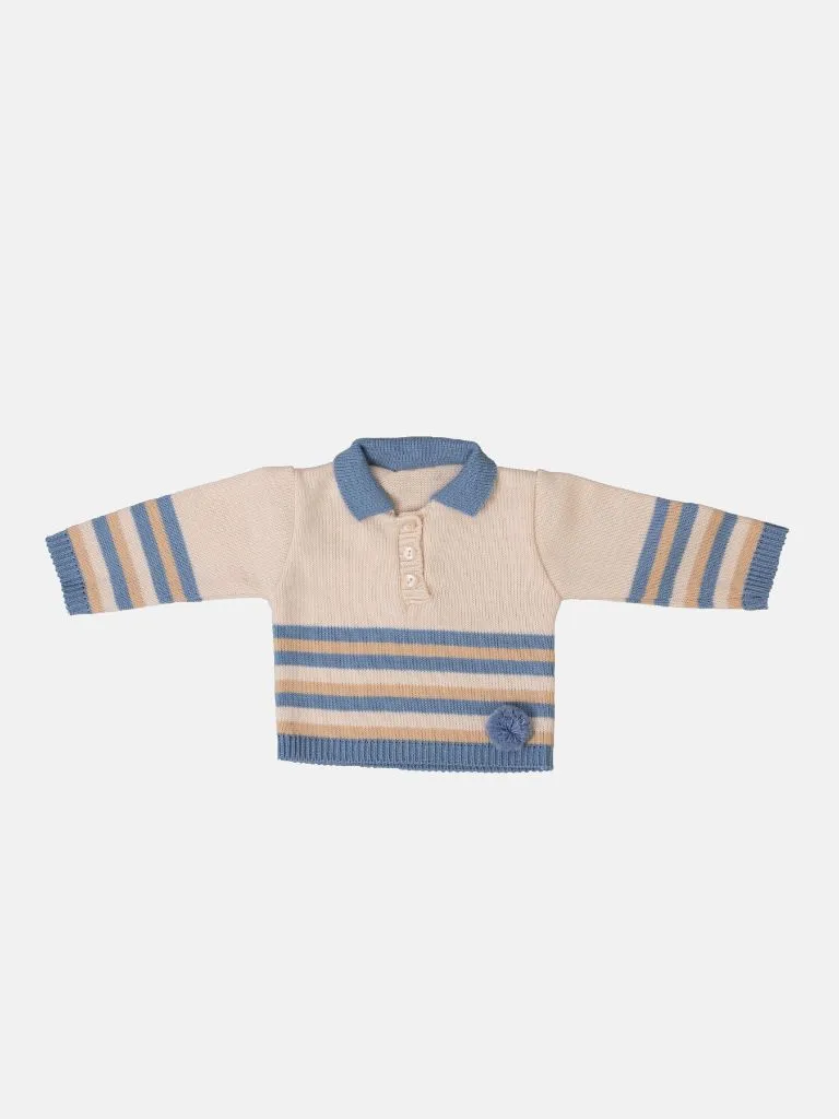 Baby Unisex 3-piece Striped Knitted Gift Box Set - Beige & Blue