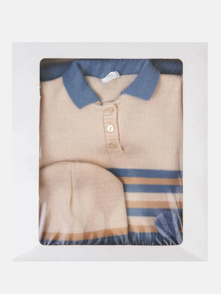 Baby Unisex 3-piece Striped Knitted Gift Box Set - Beige & Blue