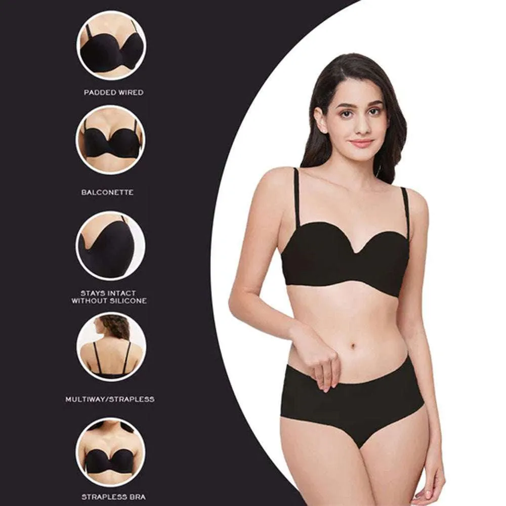 Basic Mold Padded Wired Half Cup Everyday Wear Strapless Multiway Bra - Black