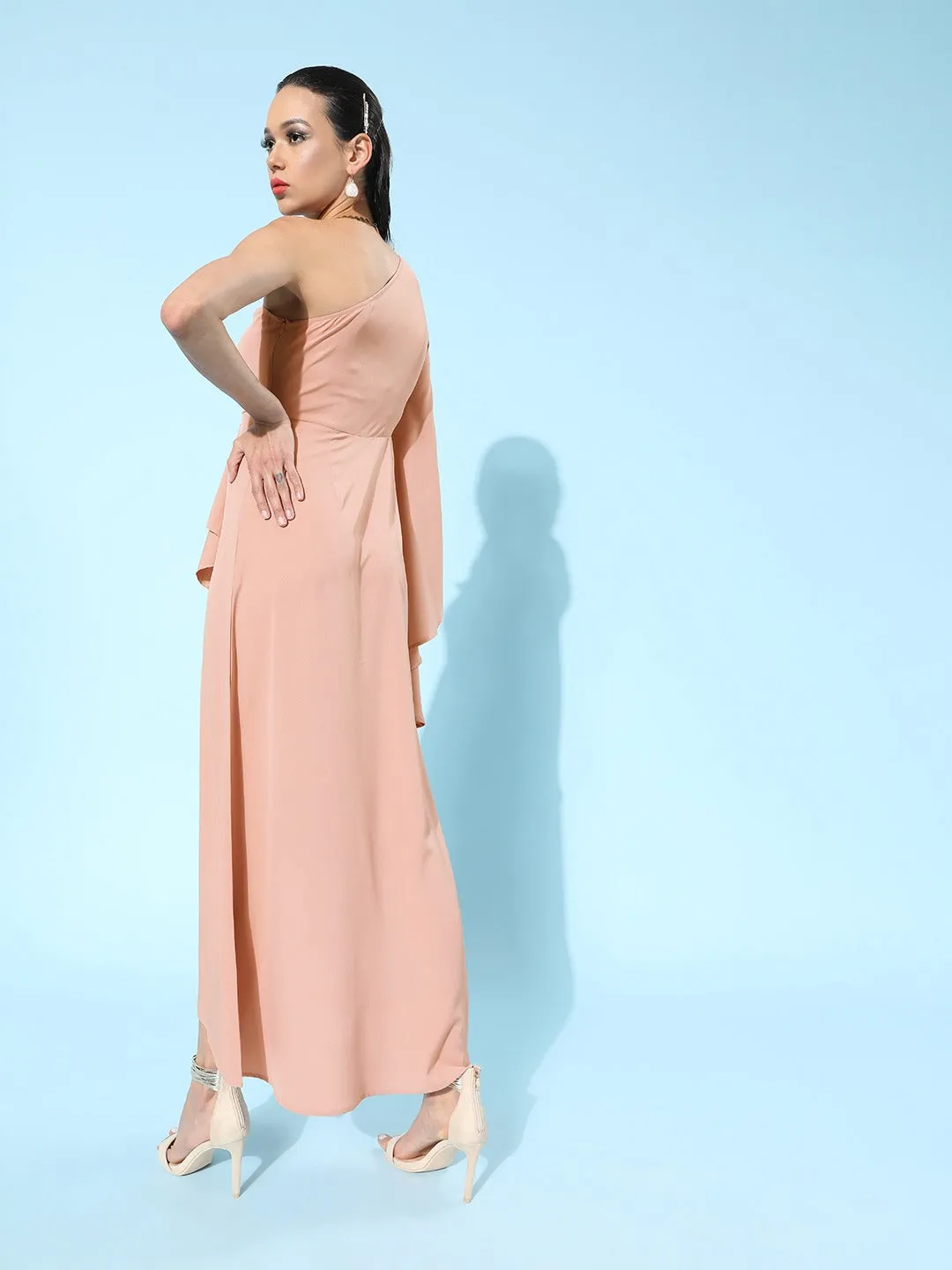 Berrylush Women Solid Pink One-Shoulder Ruffled Asymmetrical A-Line Maxi Dress