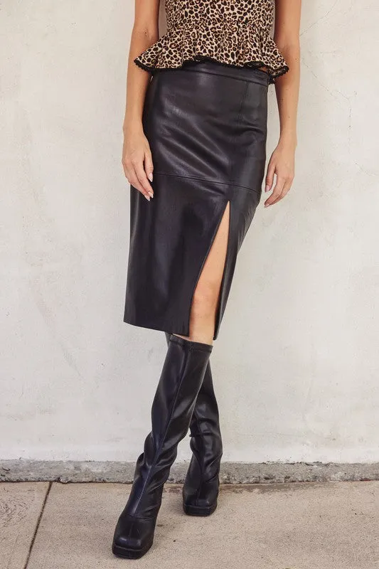 Black Leather Midi Slit Skirt