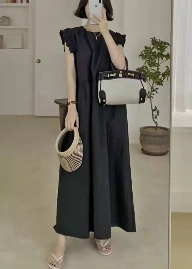 Black Patchwork Cotton Maxi Dresses Ruffled Summer LY2122