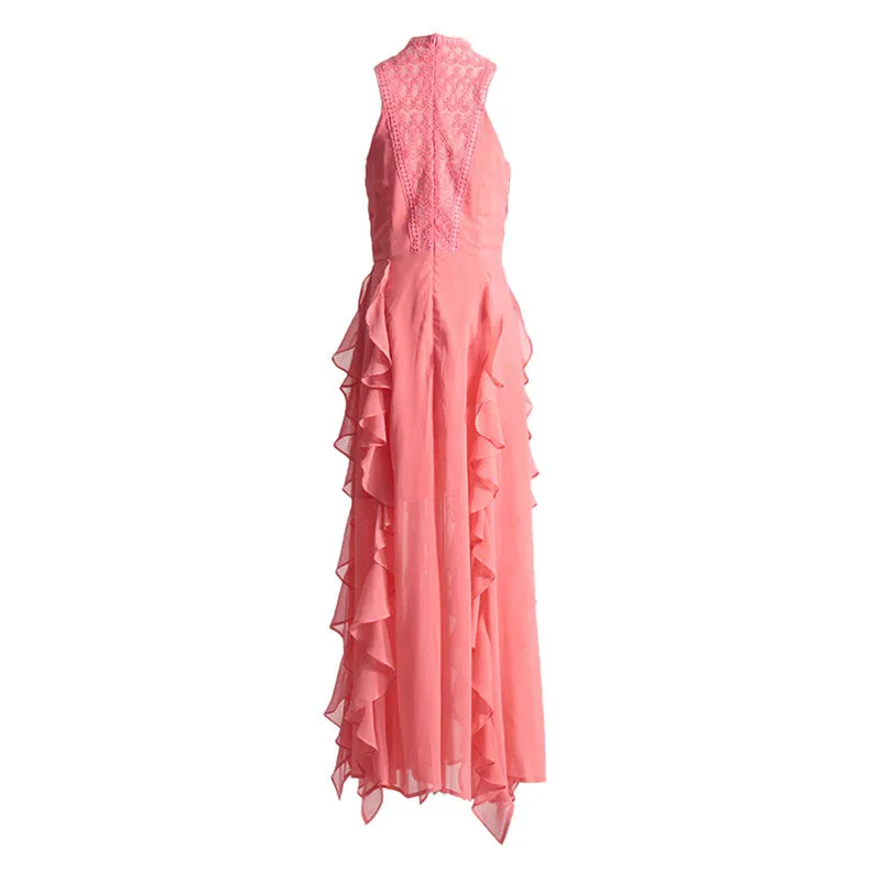 Bohemian Lace Trim Ruffled Sleeveless Crew Neck Maxi Evening Dress