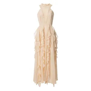 Bohemian Lace Trim Ruffled Sleeveless Crew Neck Maxi Evening Dress