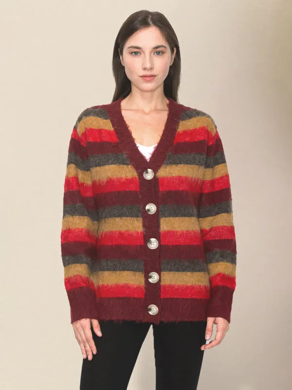 Bold Stripe Knit Fuzzy Wool Blend Button Front Classic Long Sleeve Cardigan Sweater