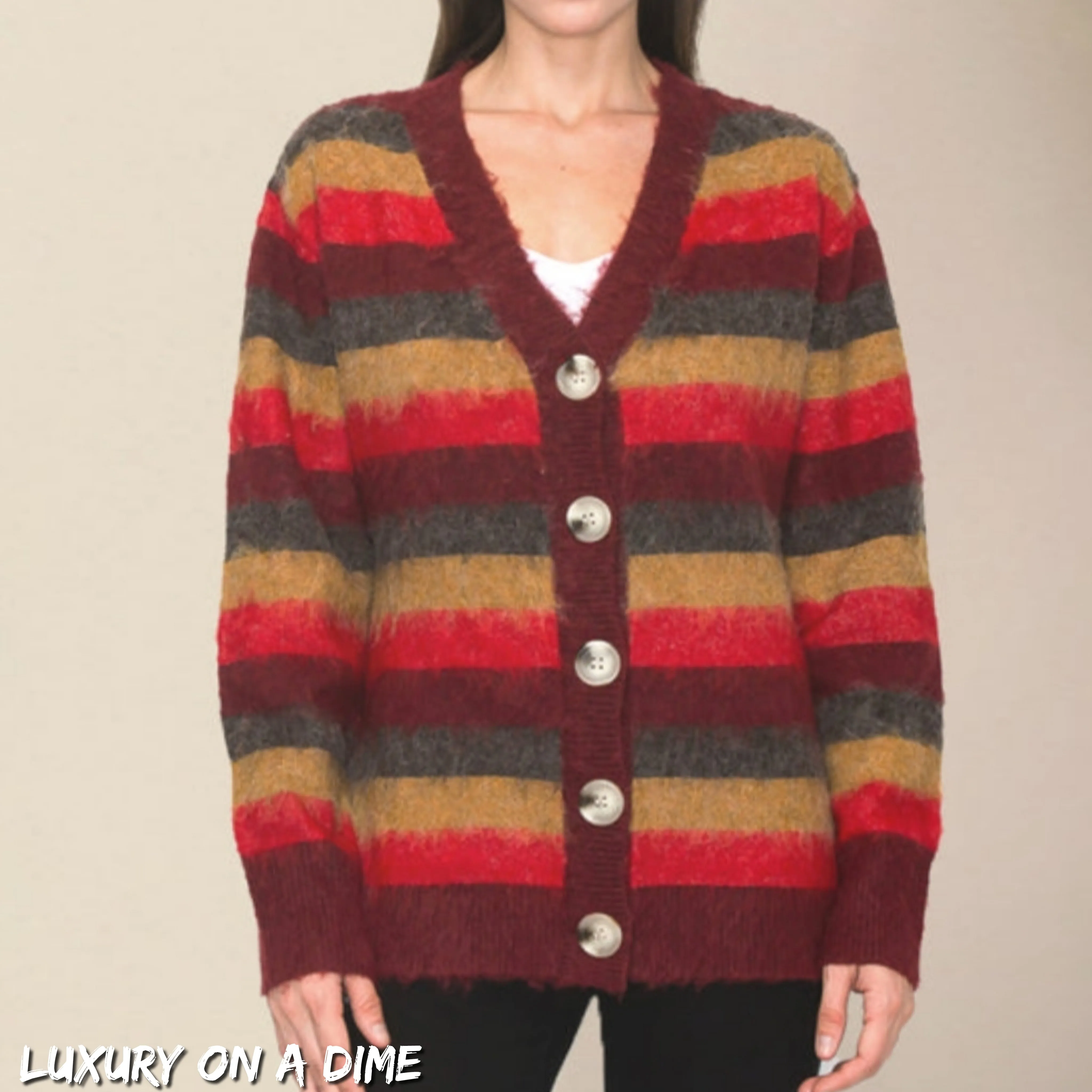 Bold Stripe Knit Fuzzy Wool Blend Button Front Classic Long Sleeve Cardigan Sweater