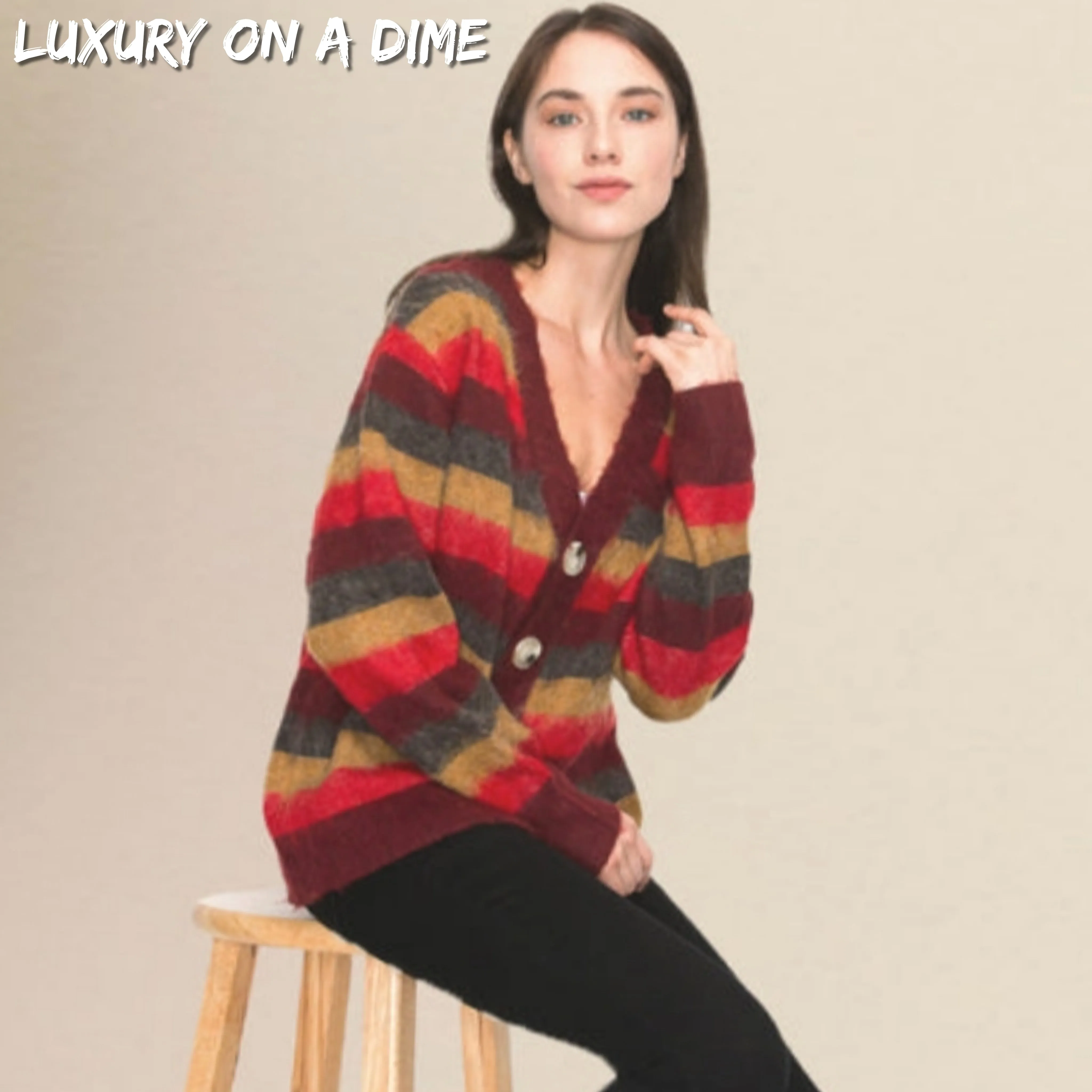 Bold Stripe Knit Fuzzy Wool Blend Button Front Classic Long Sleeve Cardigan Sweater