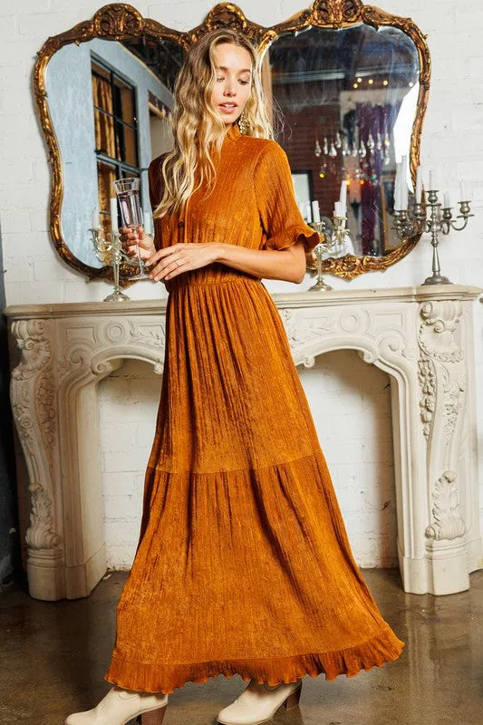 Camel Ruffle Detailed Tiered Velvet Maxi Dress