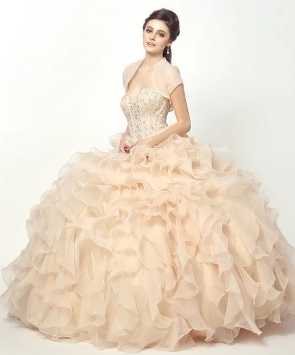 Champagne Beaded Corset Bodice With Organza Ruffle Skirt Bal