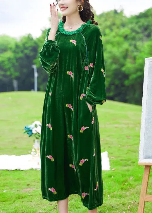 Chic Green Ruffled Embroideried Floral Silk Velour Maxi Dresses Spring LY0697