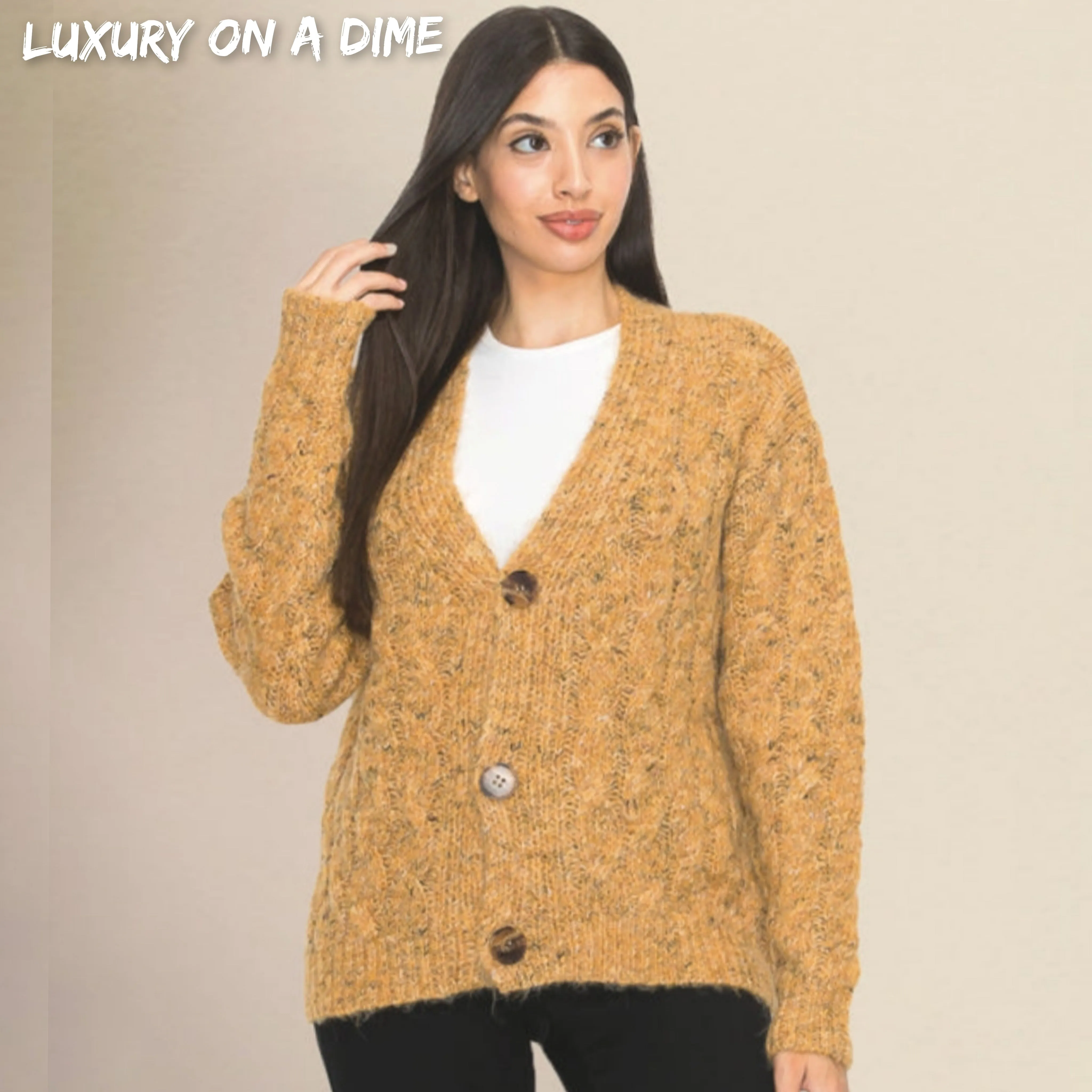 Chunky Cable Knit Fuzzy Wool Blend Button Front Classic Long Sleeve Cardigan Sweater