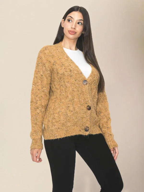 Chunky Cable Knit Fuzzy Wool Blend Button Front Classic Long Sleeve Cardigan Sweater