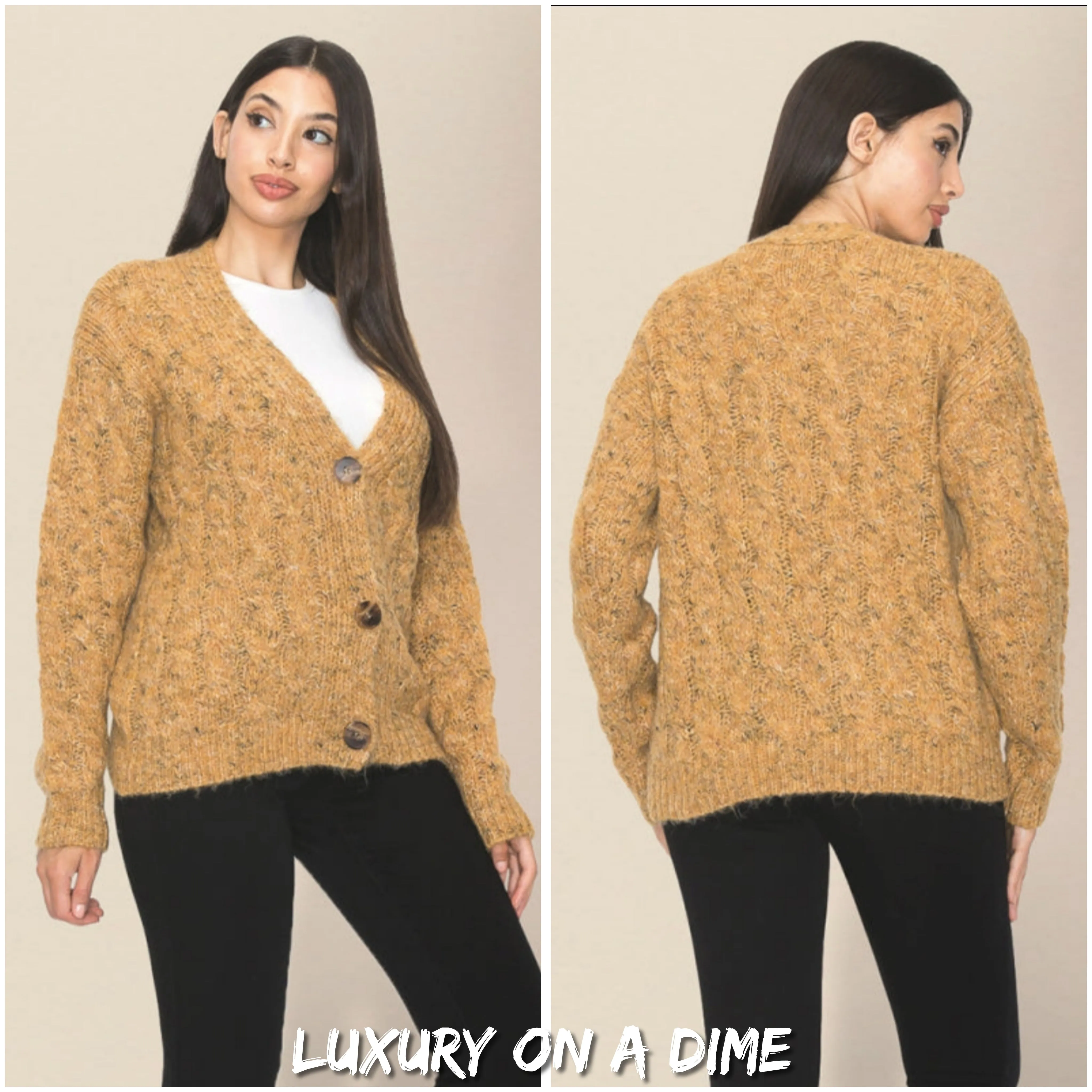 Chunky Cable Knit Fuzzy Wool Blend Button Front Classic Long Sleeve Cardigan Sweater