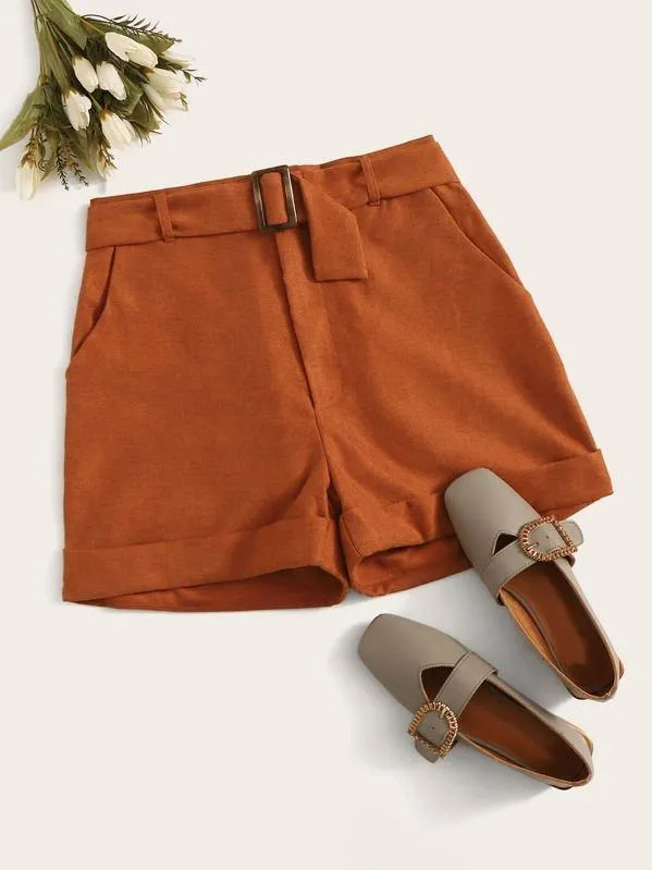 Corduroy Rolled Hem Square-ring Belted Shorts