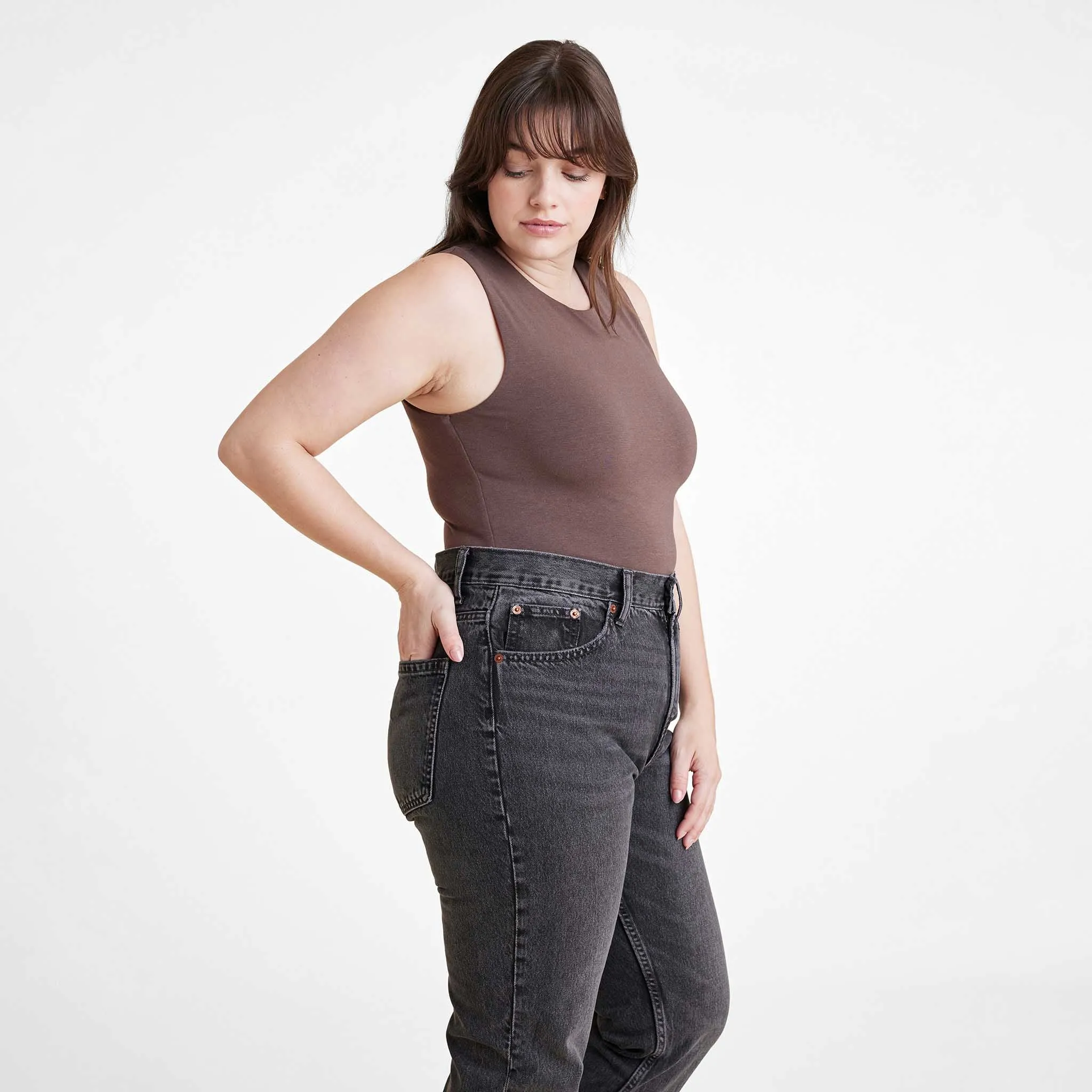 Cotton Stretch Classic Crewneck Tank Bodysuit | Coffee