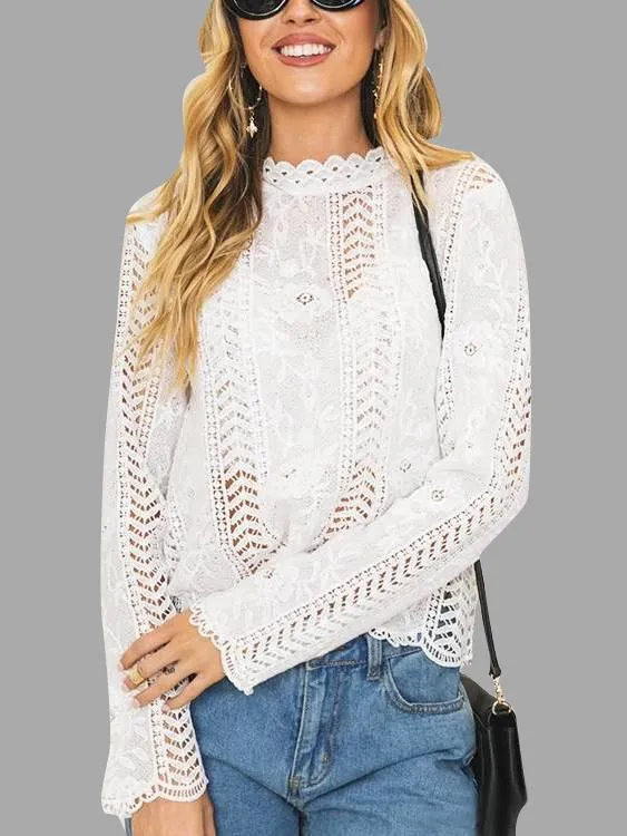 Custom Crew Neck Lace Hollow Long Sleeve White Blouses