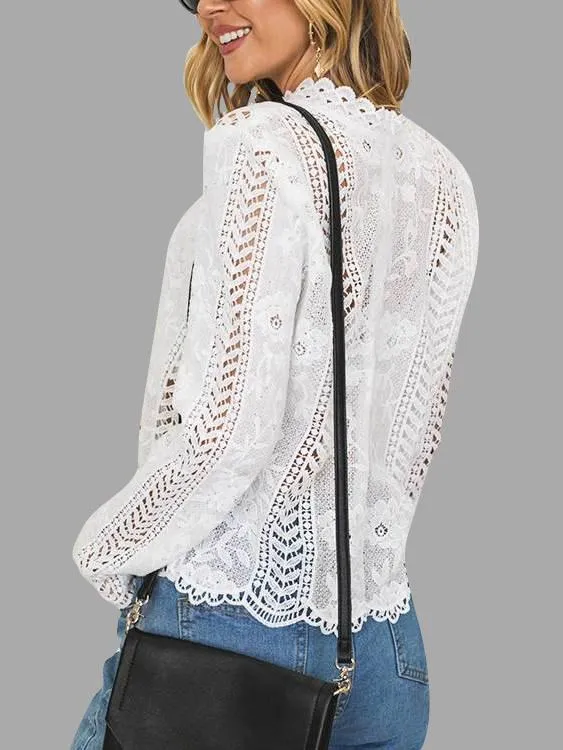 Custom Crew Neck Lace Hollow Long Sleeve White Blouses