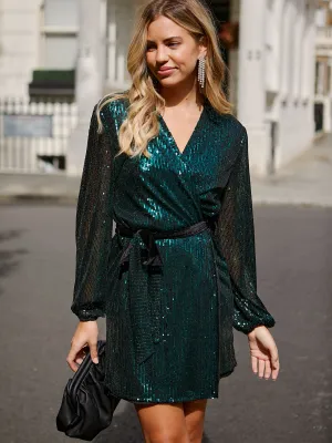 Dani Sequin Wrap Dress / Emerald Green