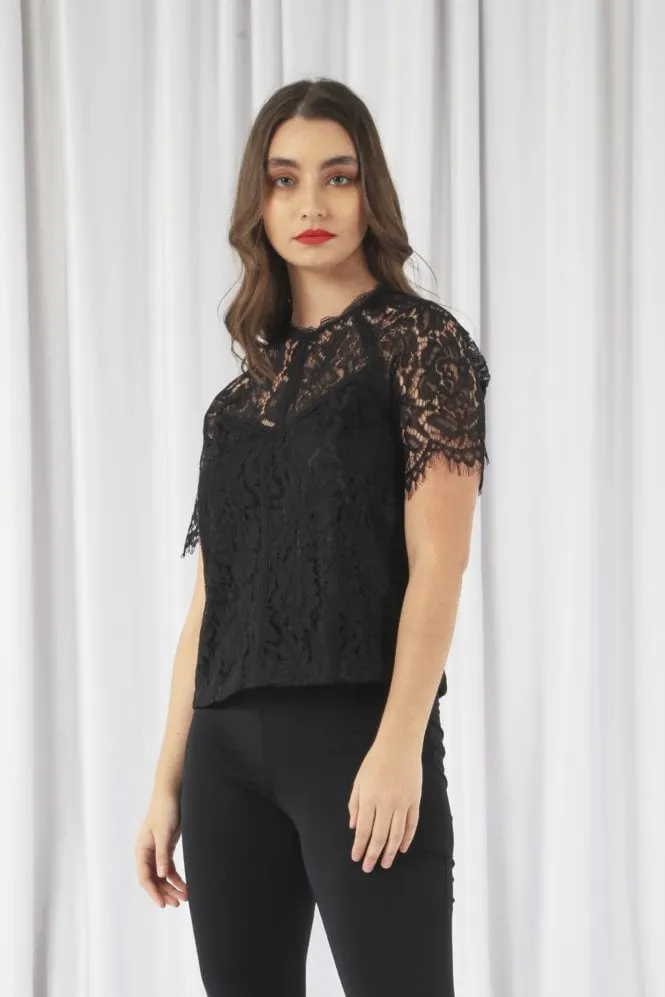 Double Second Black Raglan Sleeve Lace Top