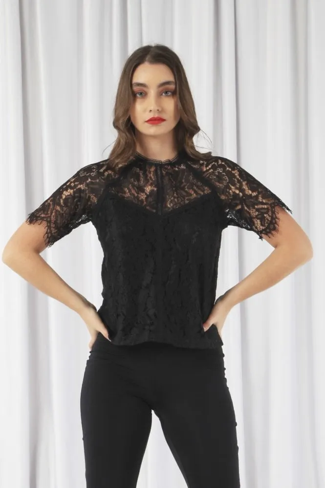 Double Second Black Raglan Sleeve Lace Top