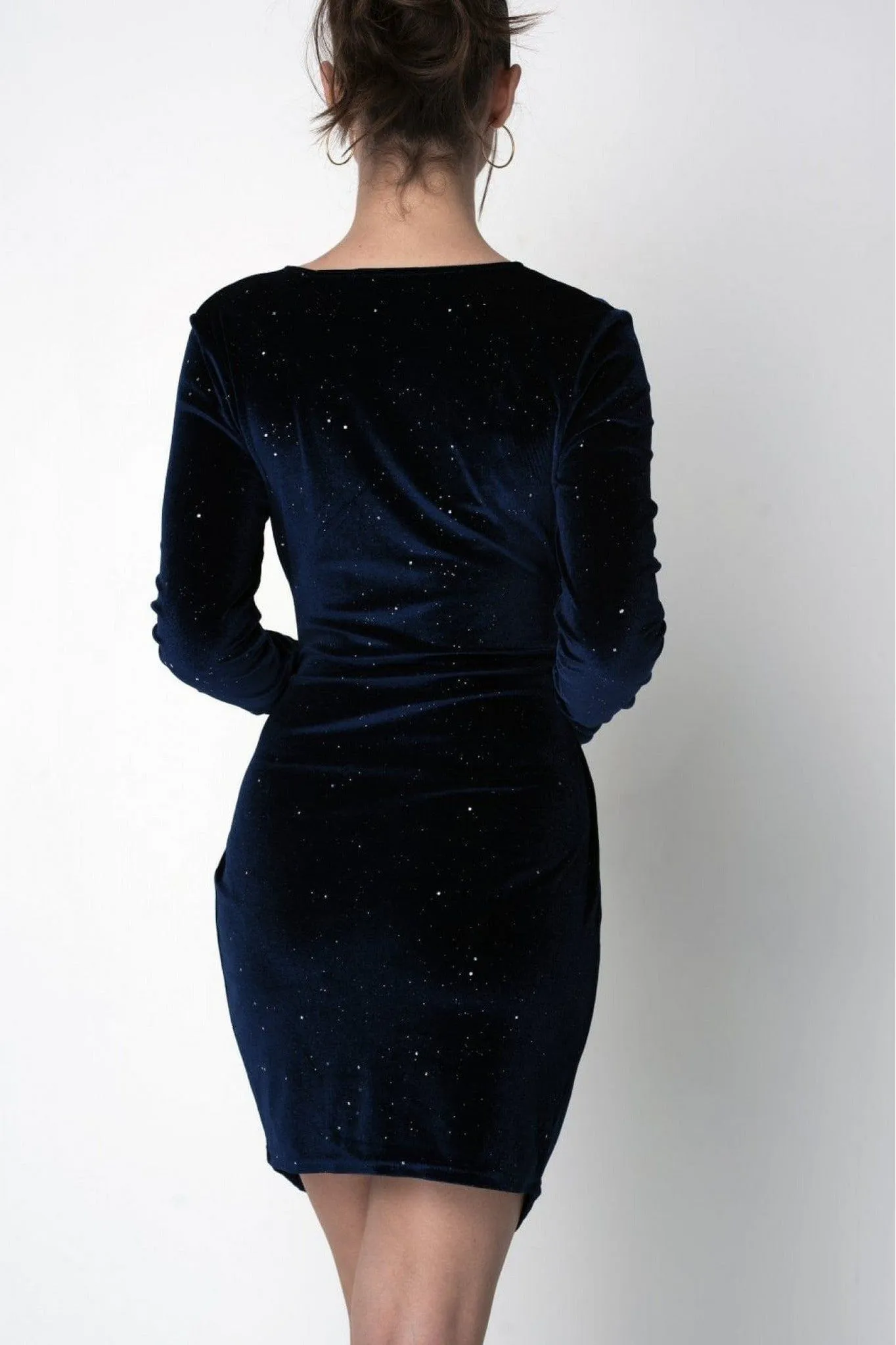 Double Second Navy Velvet Sparkle Bodycon Wrap Dress