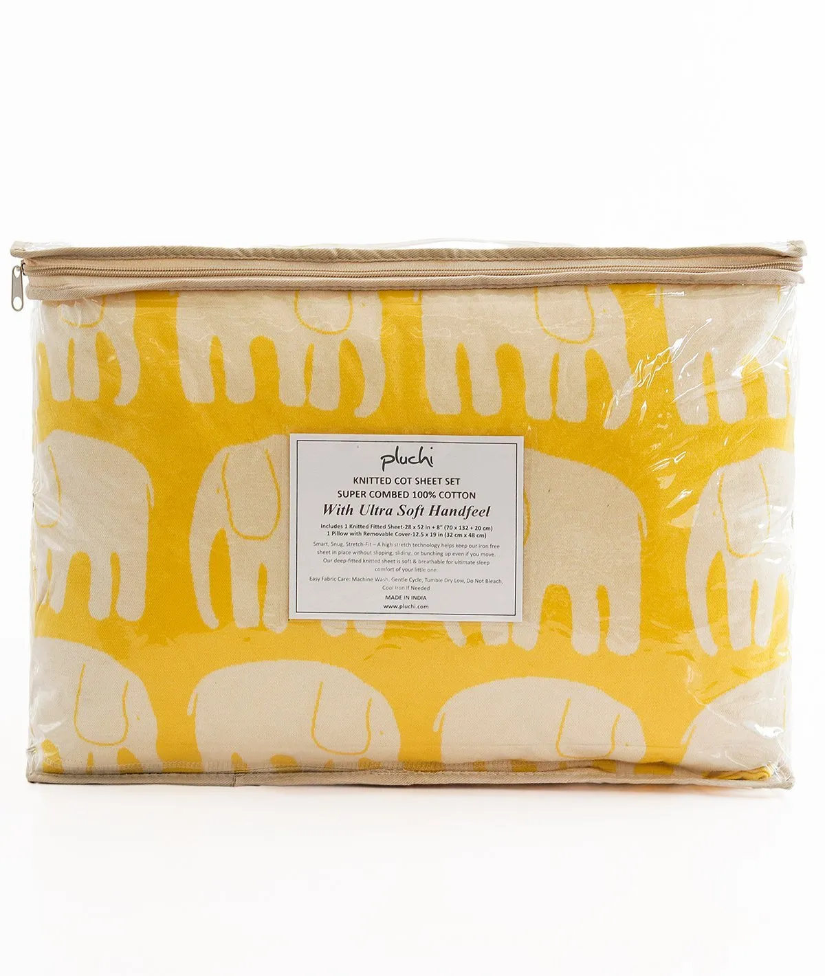 Elephant Yellow Cotton Knitted Cot Sheet & Pillow Set for Babies