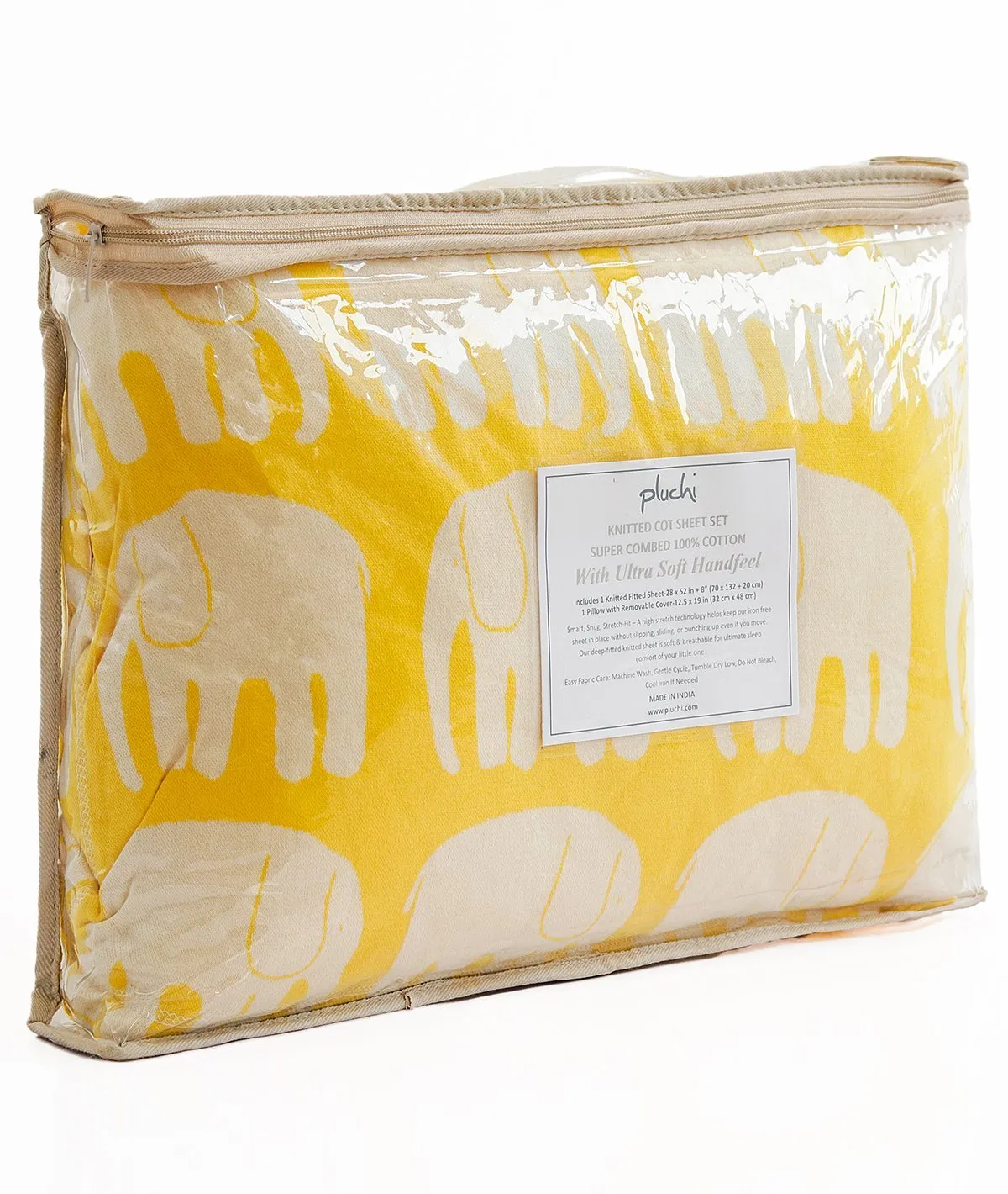 Elephant Yellow Cotton Knitted Cot Sheet & Pillow Set for Babies