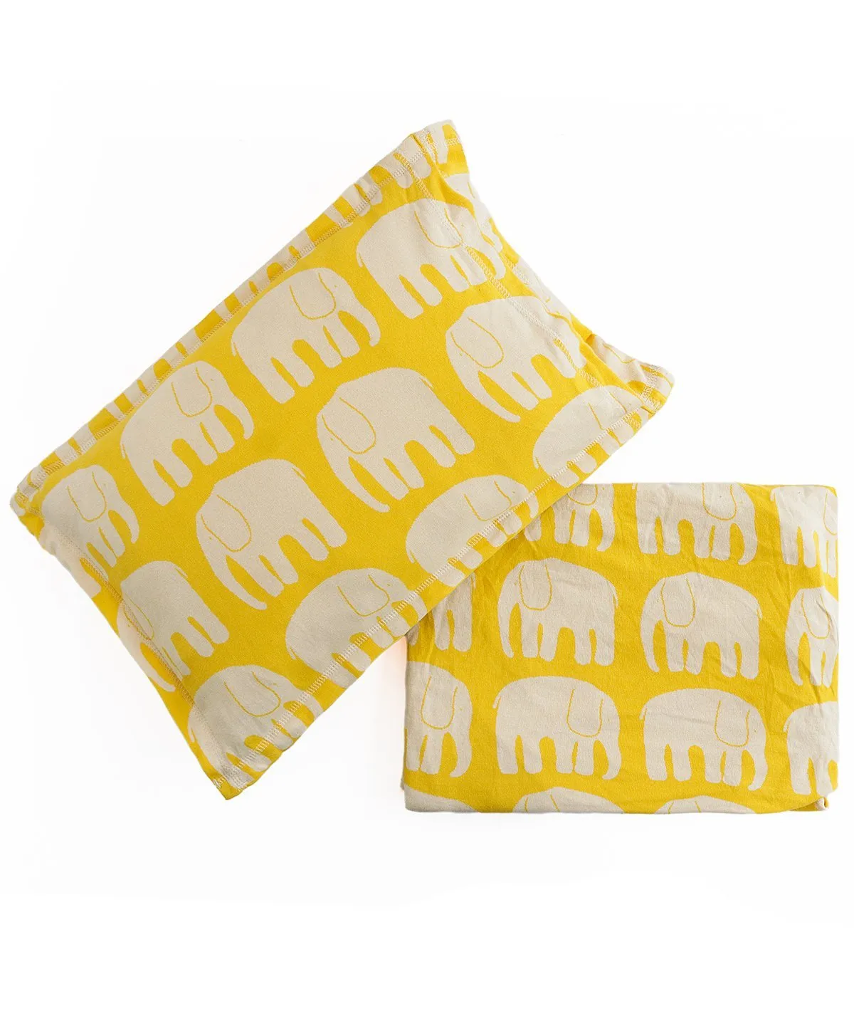 Elephant Yellow Cotton Knitted Cot Sheet & Pillow Set for Babies