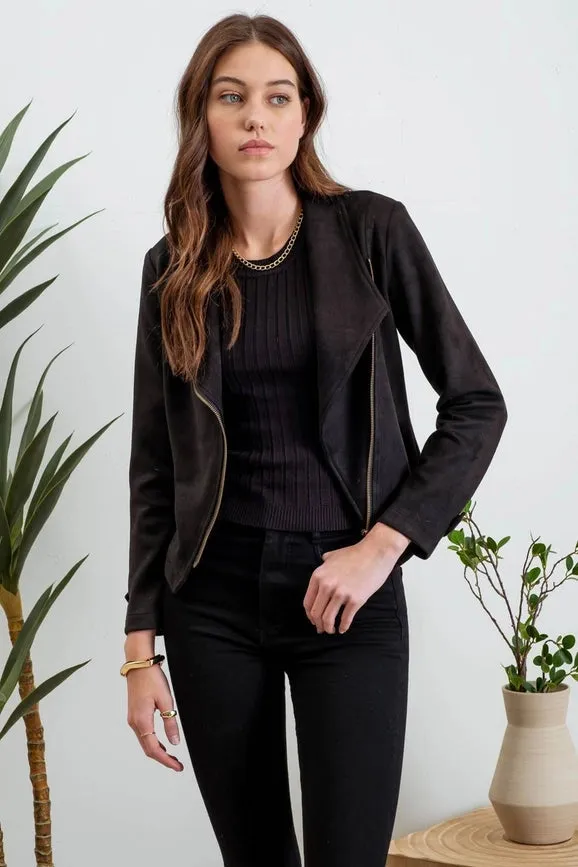 Faux Suede Zip Up Moto Jacket