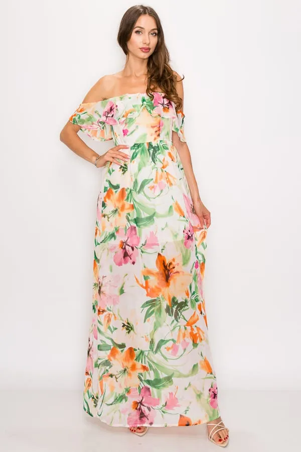 Floral Print Ruffled Off Shoulder Maxi Dress