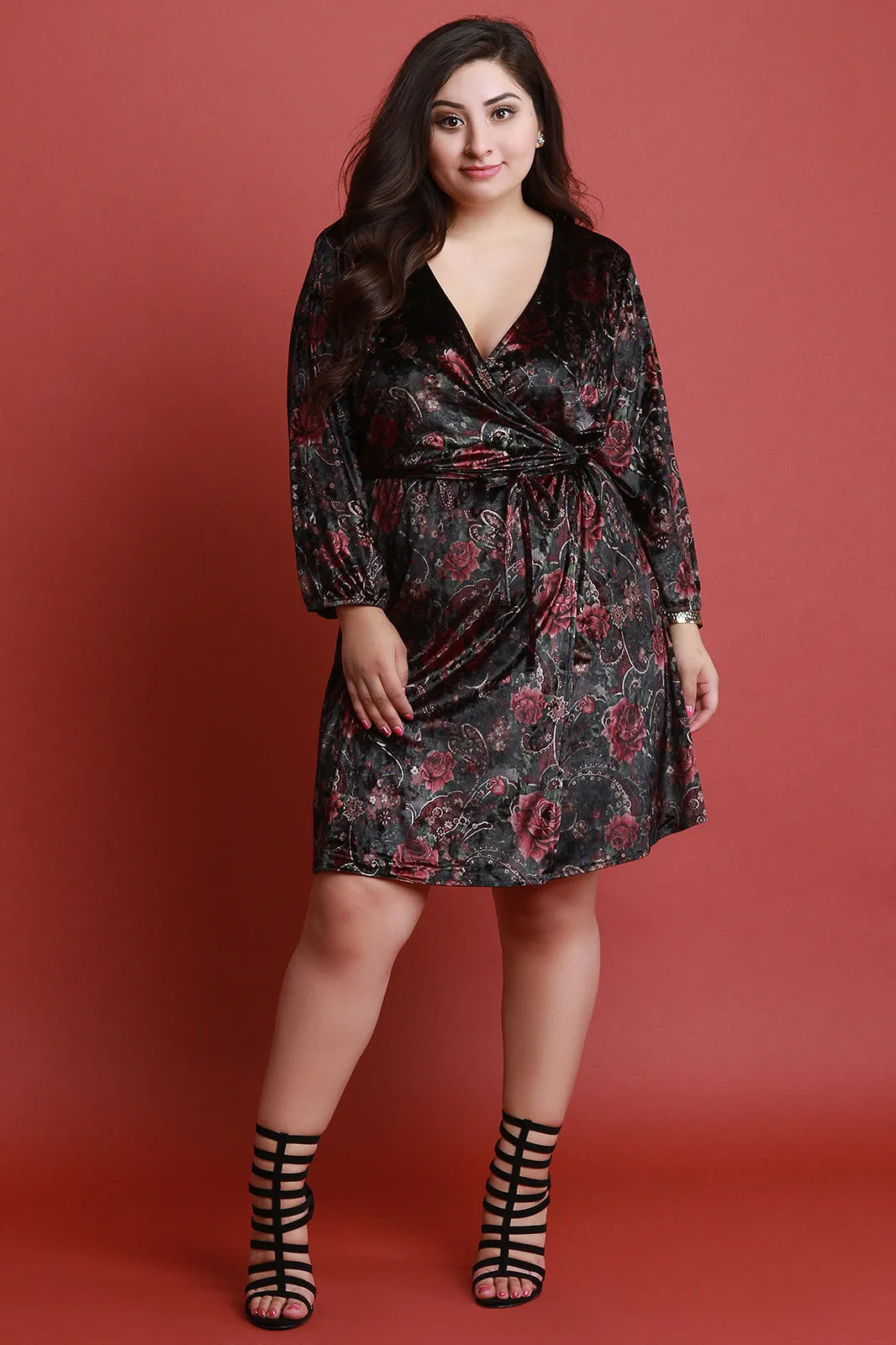 Floral Velvet Self Wrap Midi Dress