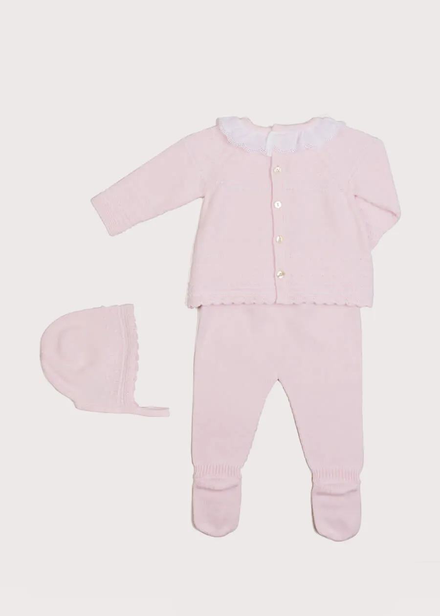 Gentle Openwork Ruffle Collar 3 Piece Knitted Set in Pink (0-6mths)