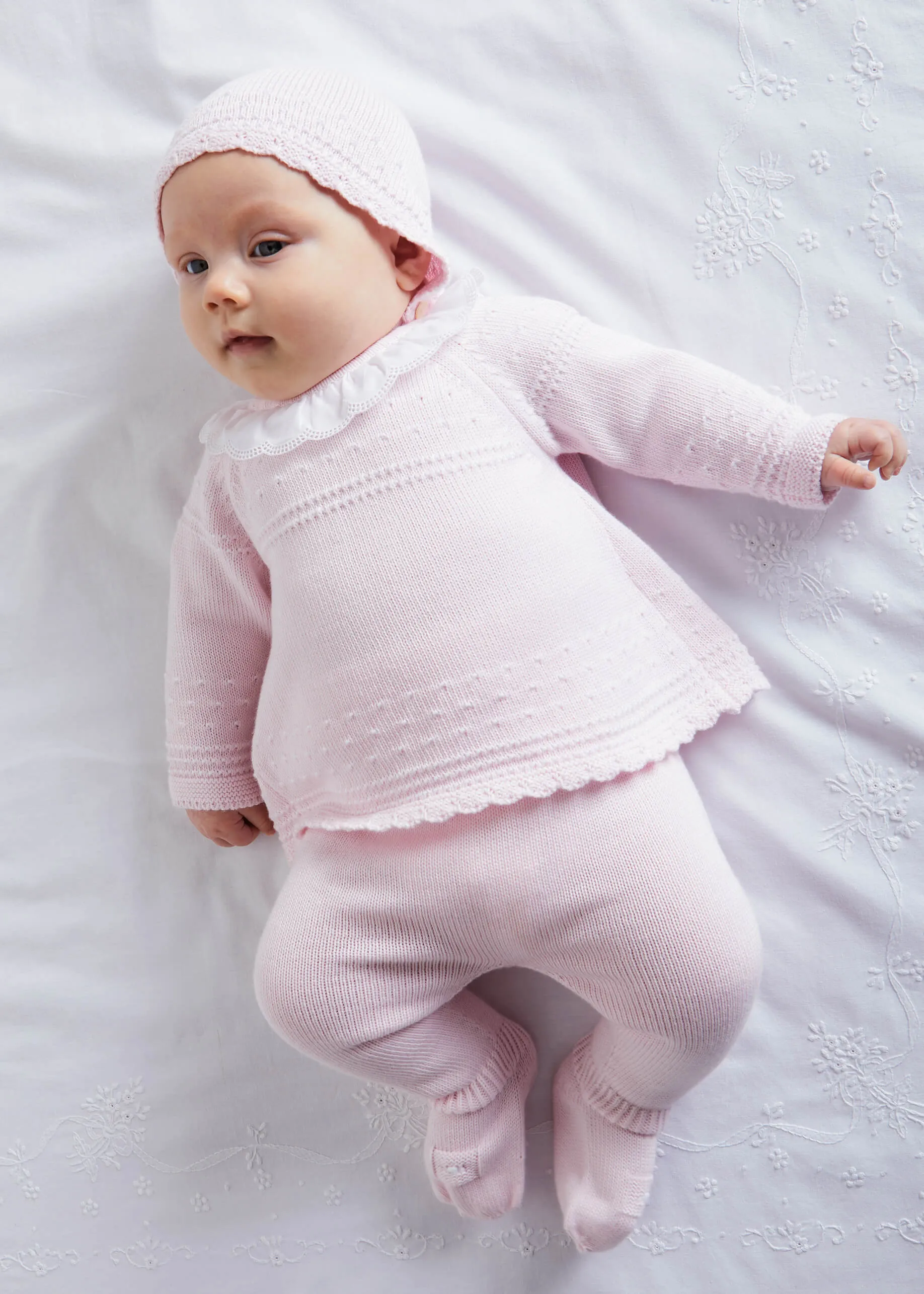 Gentle Openwork Ruffle Collar 3 Piece Knitted Set in Pink (0-6mths)