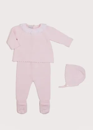 Gentle Openwork Ruffle Collar 3 Piece Knitted Set in Pink (0-6mths)