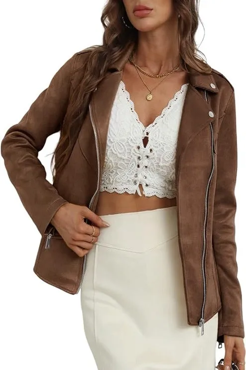 Giolshon Faux Suede Leather Jackets for Women, Moto Biker Short Coat