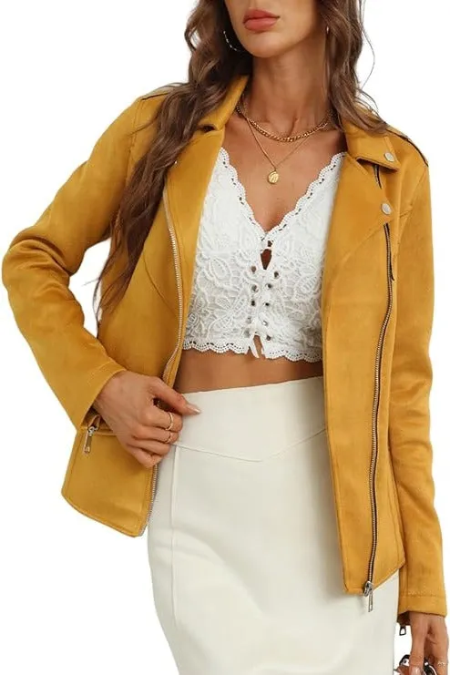 Giolshon Faux Suede Leather Jackets for Women, Moto Biker Short Coat