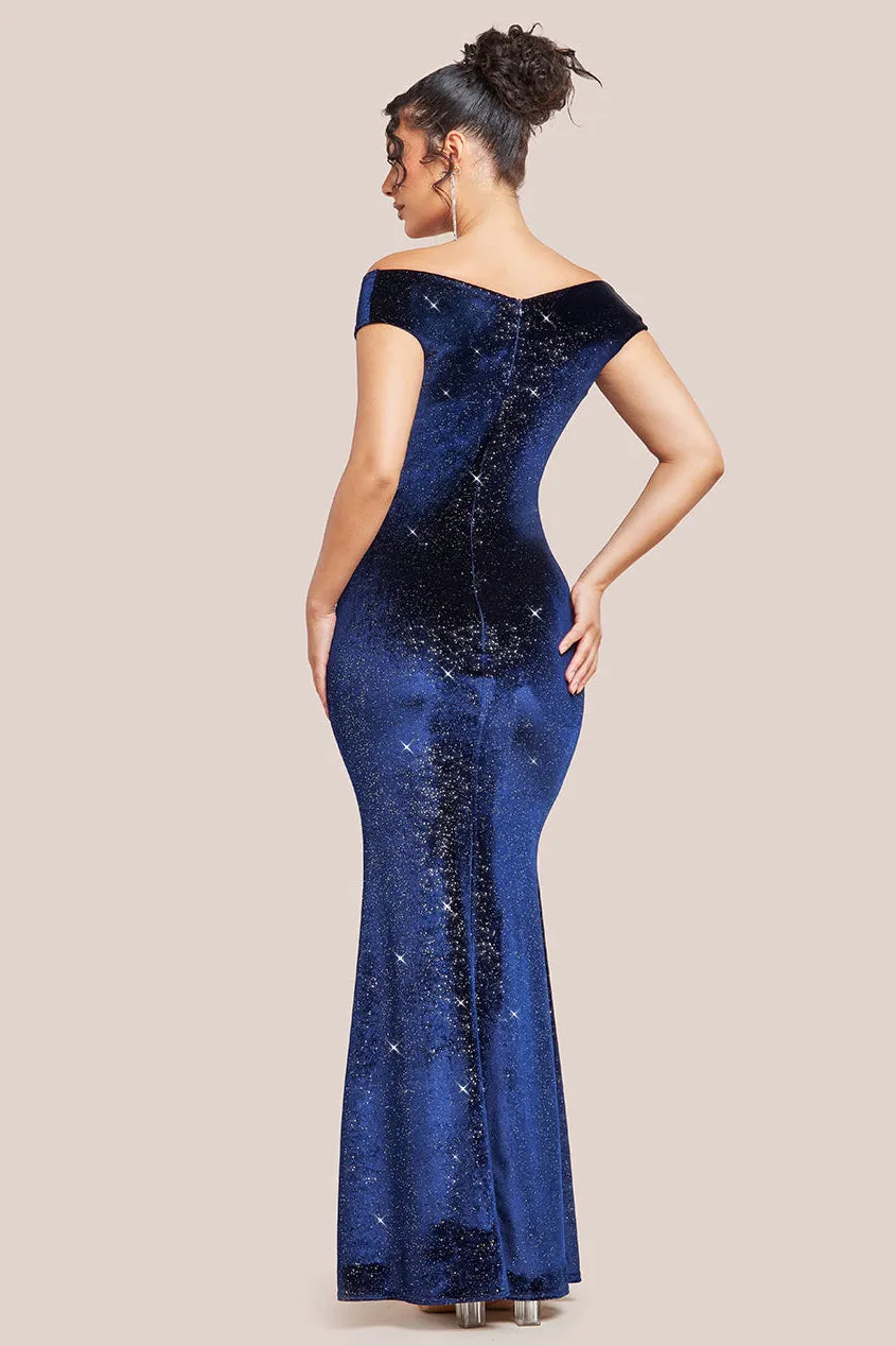 Goddiva Shimmer Velvet Bardot Maxi Dress - Navy