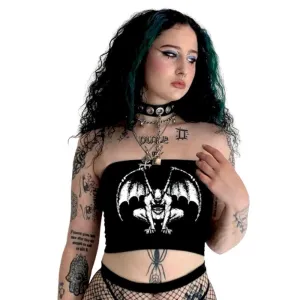 Gothic Gargoyle Skull Demon Print Strapless Women's Top Black Bandage Bodycon Crop Top Rock Punk Mall Goth Grotesques