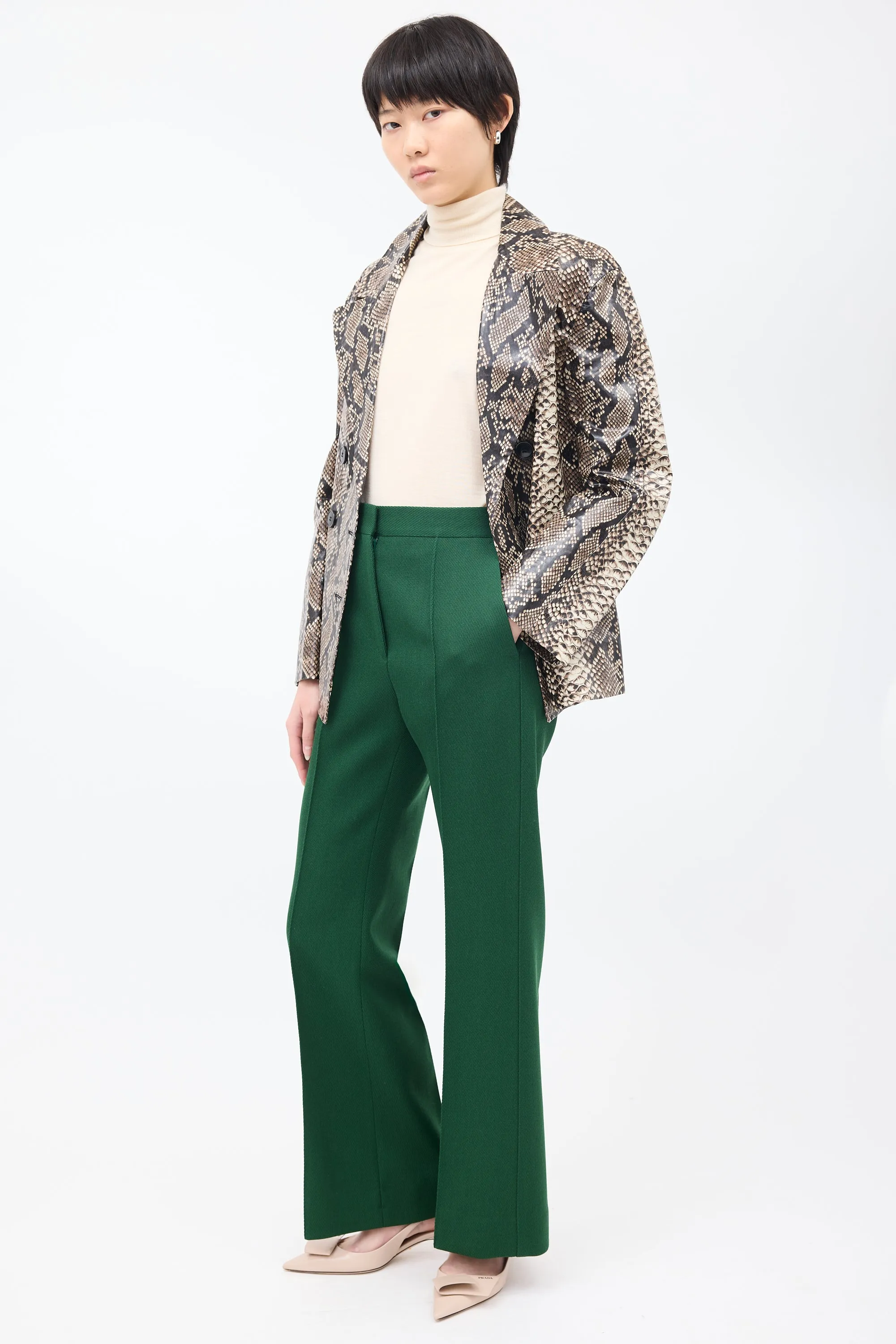 Green Wool Pintuck Wide Leg Trouser