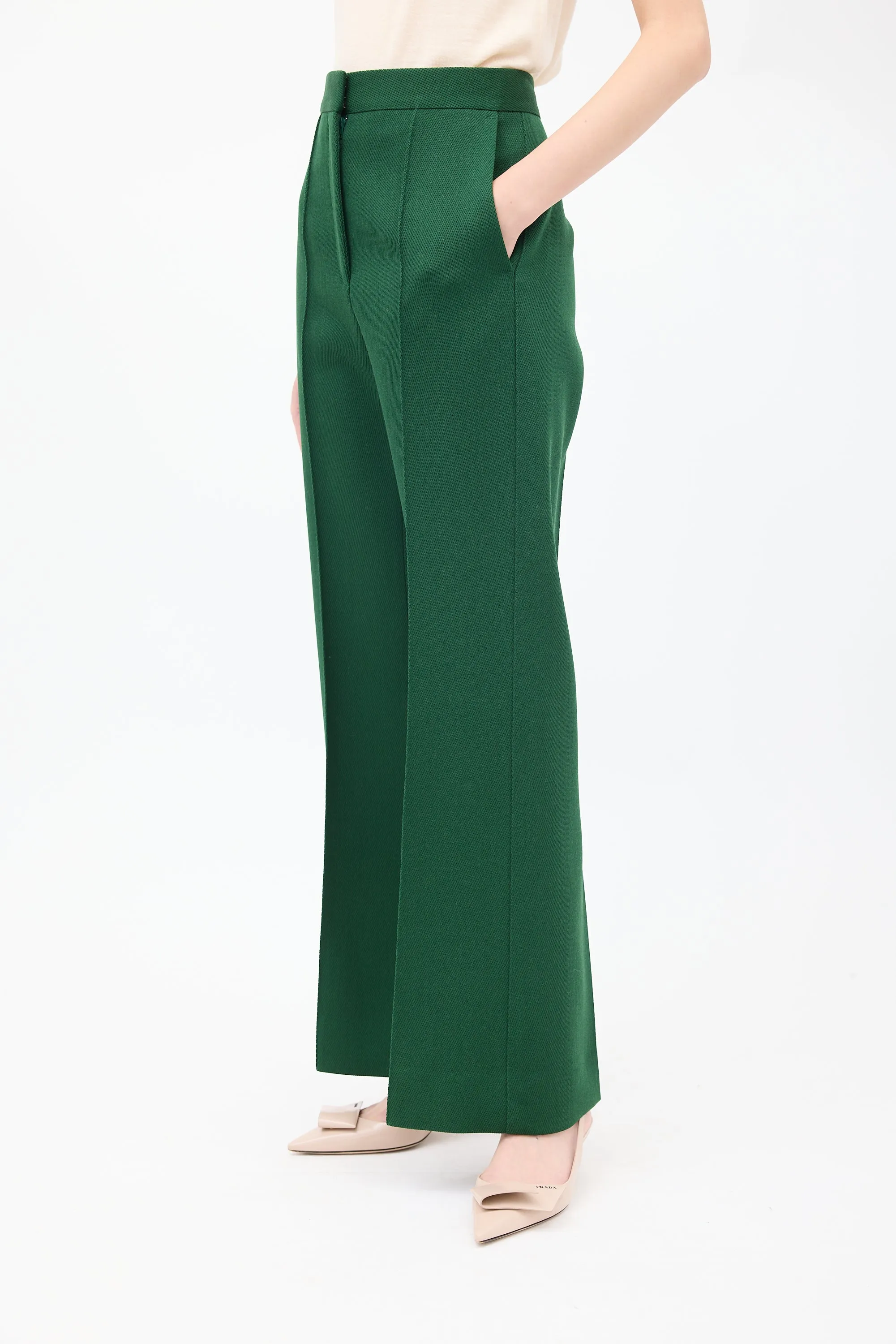 Green Wool Pintuck Wide Leg Trouser