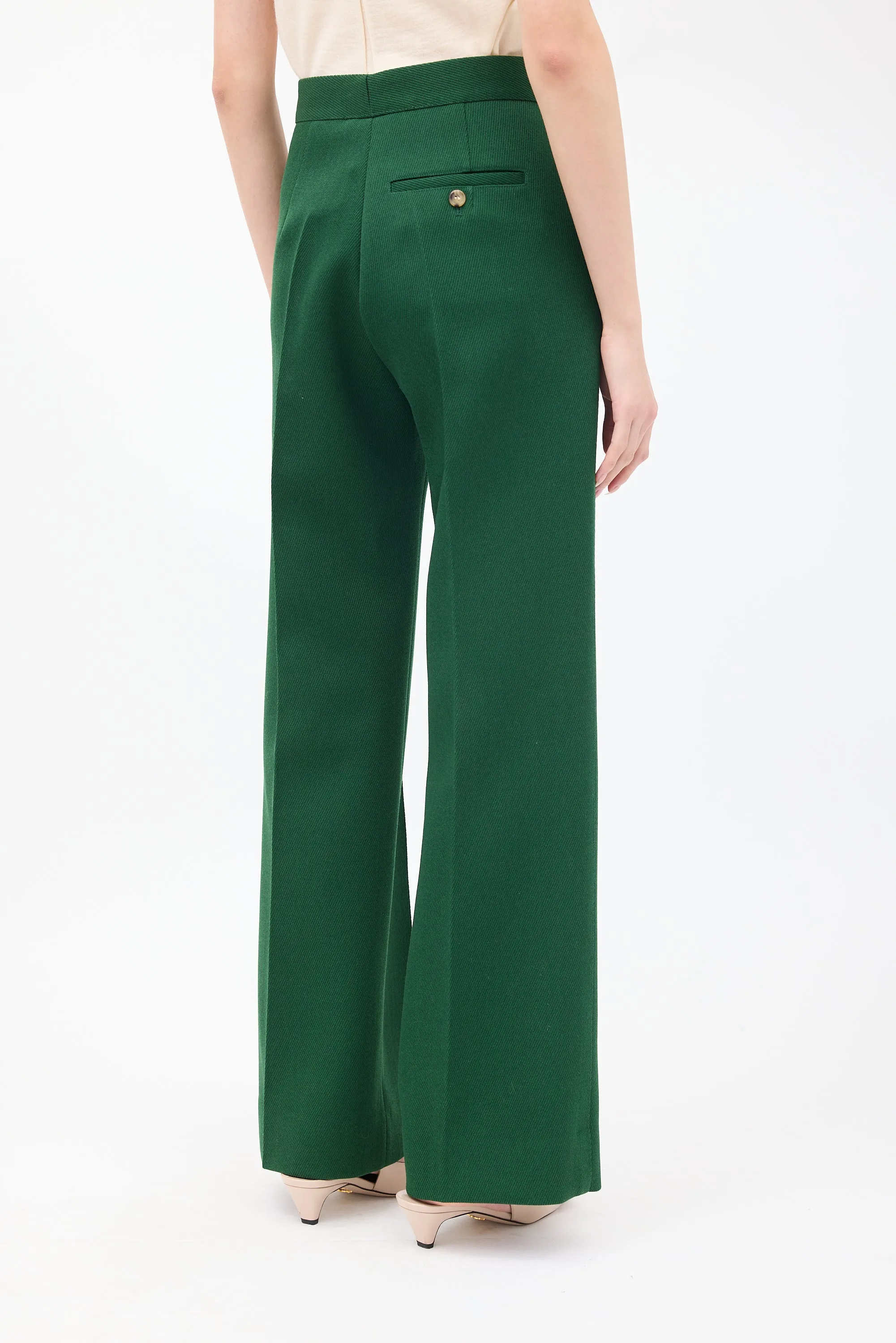 Green Wool Pintuck Wide Leg Trouser