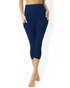 High Waisted Yoga Capri Leggings - Navy Blue