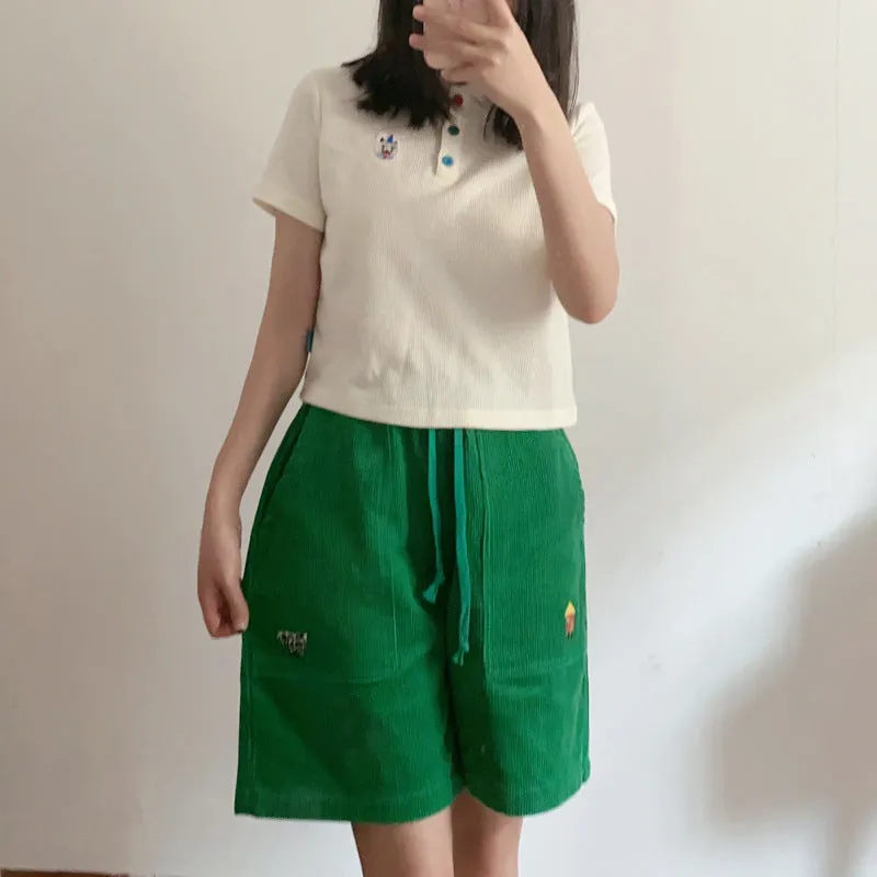 Kawaii elastic cotton corduroy casual college style exquisite embroidery high waist demi shorts