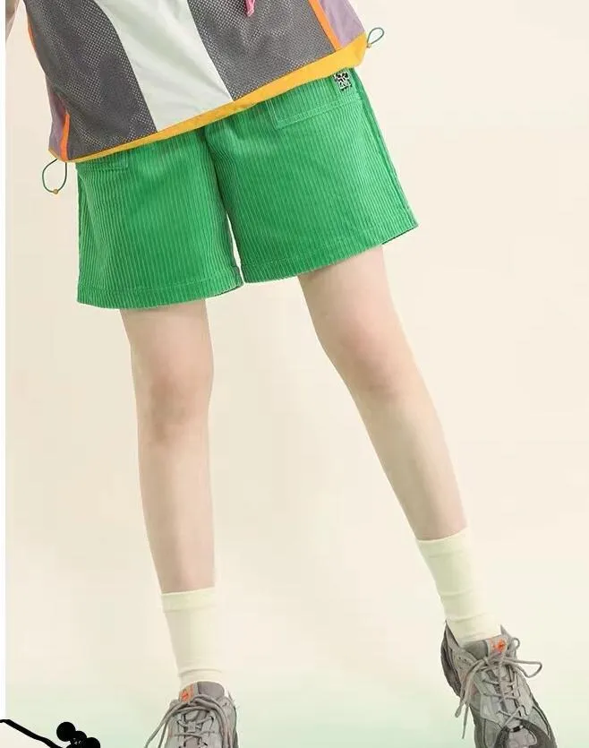 Kawaii elastic cotton corduroy casual college style exquisite embroidery high waist demi shorts