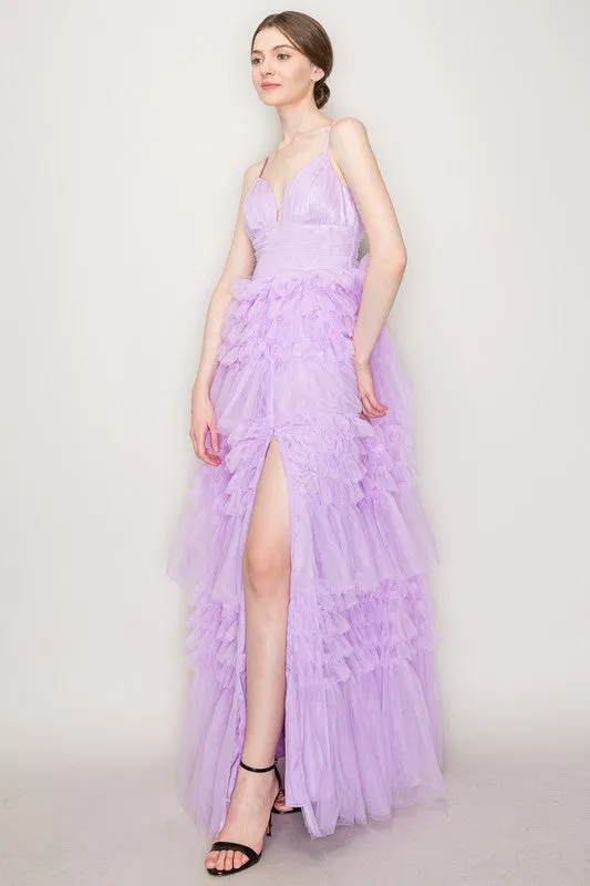 Lavender Sleeveless Tulle Tiered Ruffled Maxi Dress