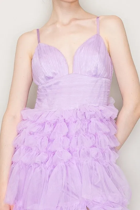 Lavender Sleeveless Tulle Tiered Ruffled Maxi Dress