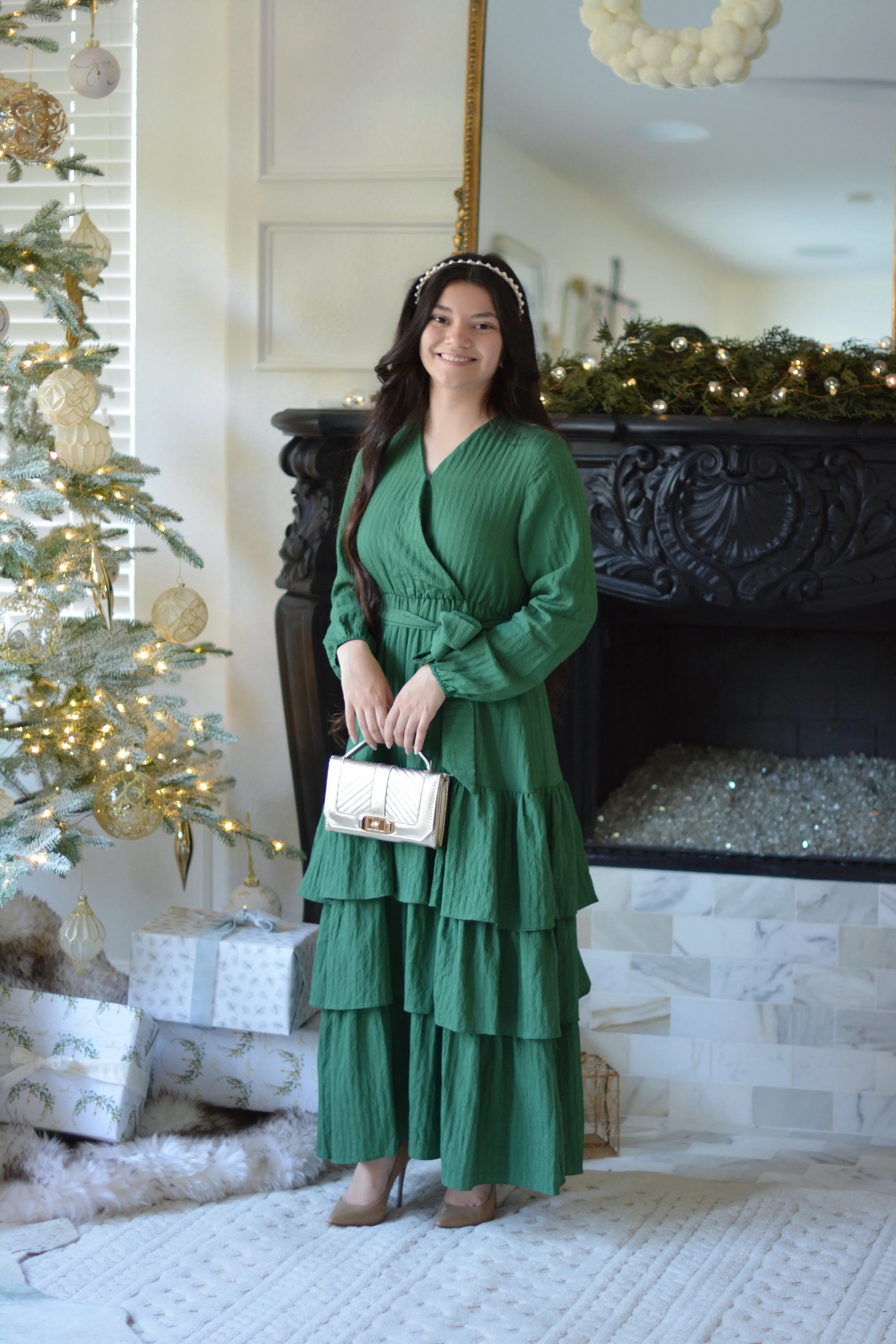 Lindos Green Textured  Ruffled Maxi Dress