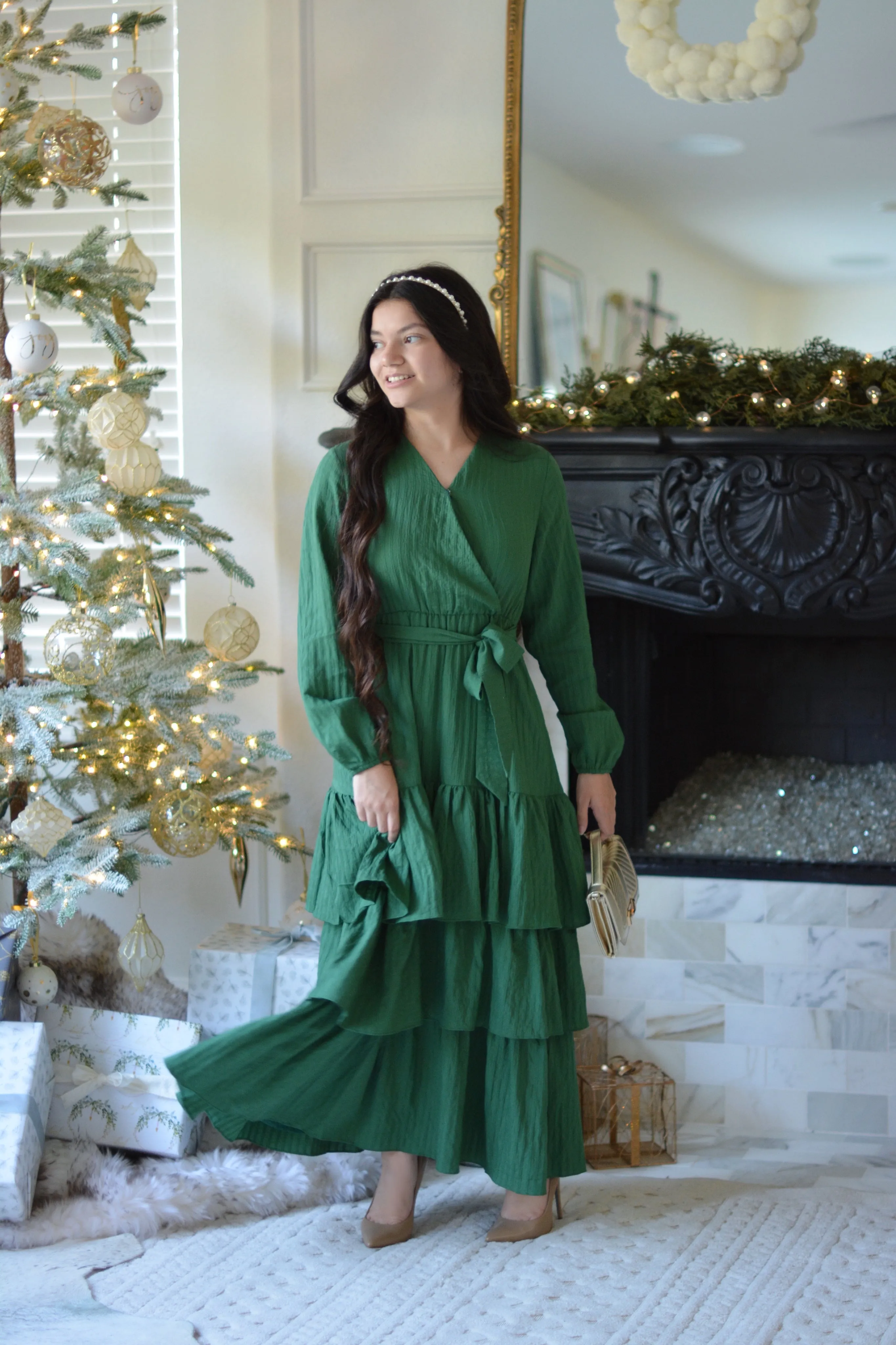 Lindos Green Textured  Ruffled Maxi Dress