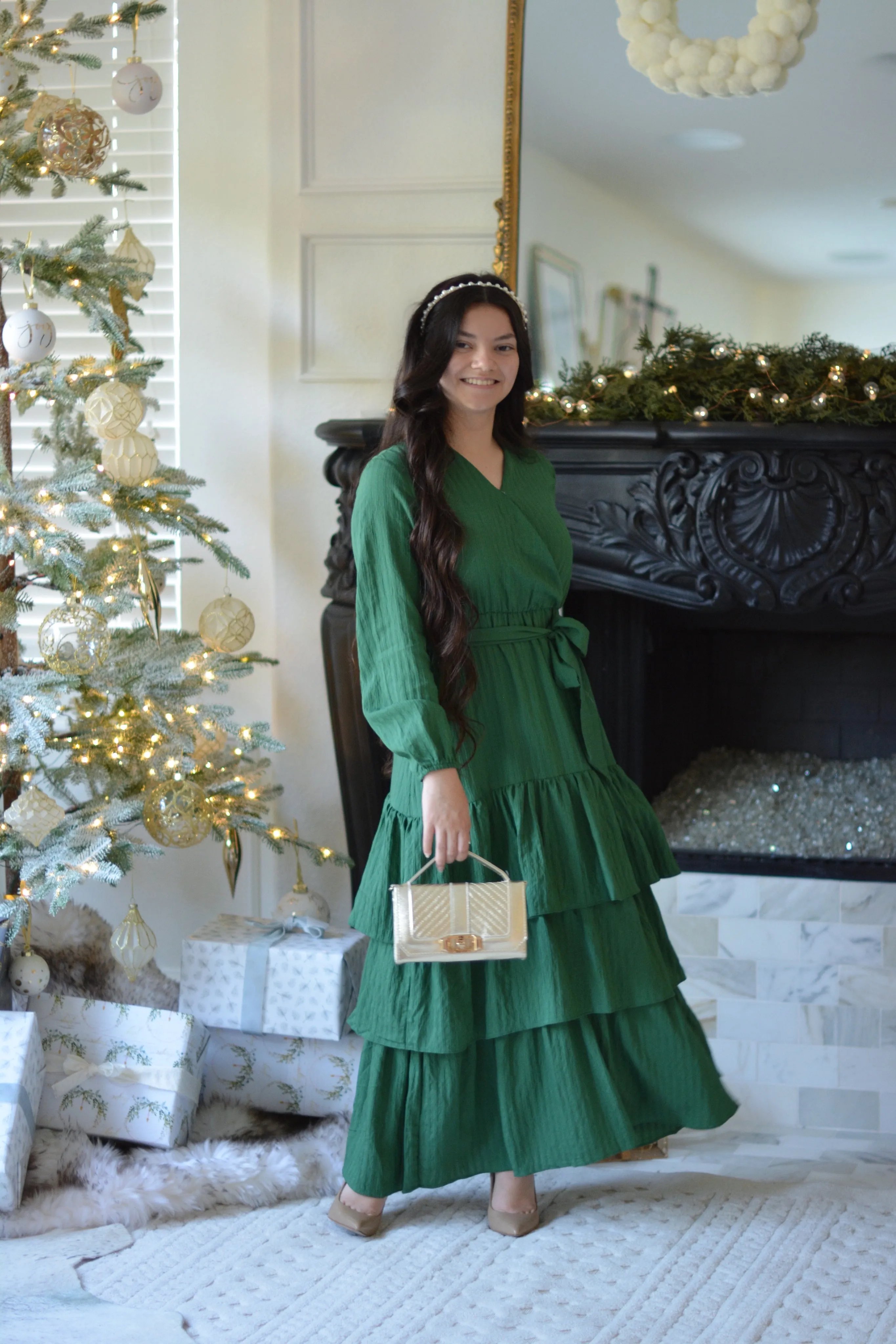 Lindos Green Textured  Ruffled Maxi Dress